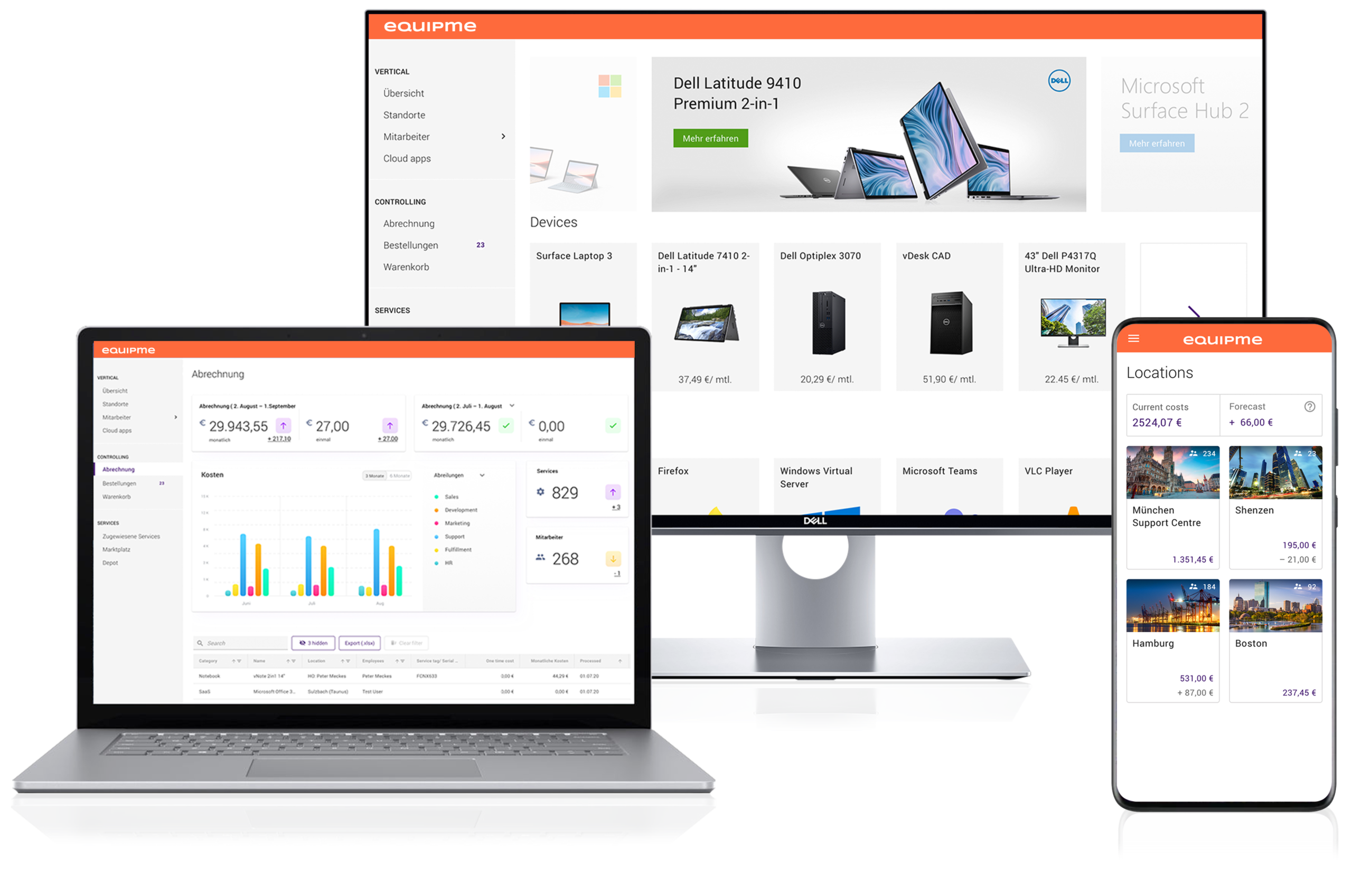 Screenshots der equipme-Anbindung an ITscope auf mehreren Geräten. Managen & verkaufen Sie Ihre as a Serivce Produkte mit der Subscription Plattform equipme und ITscope.