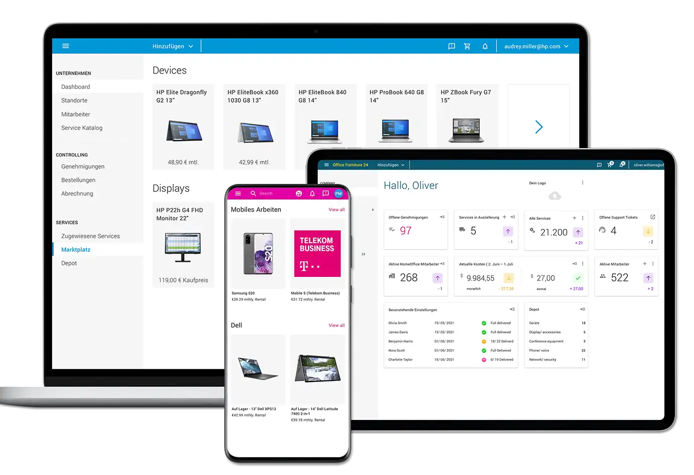 Screenshots der equipme-Anbindung an ITscope auf mehreren Devices zeigen einen IT-Shop und ein Dashboard