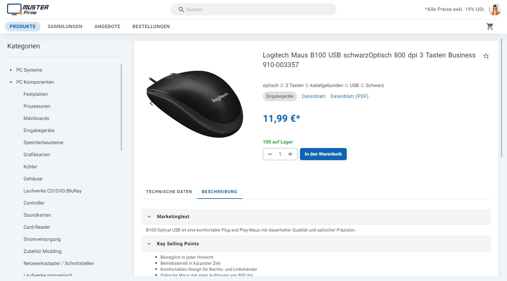 Screenshot aus einem kundenindividuellen B2B Onlineshop, der mit der ITscope B2B Suite erstellt wurde, Abgebildet ist eine Logitech Maus.