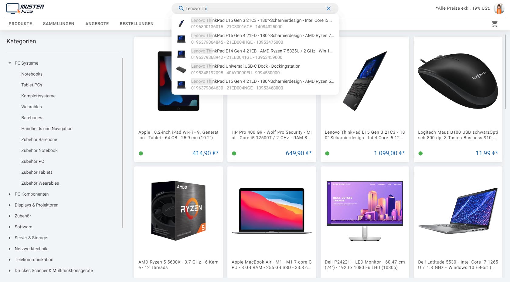 Screenshot eines B2B Onlineshops, der mit der ITscope B2B Suite erstellt wurde. Im Suchfeld wird "Lenovo Thi" eingegeben und Produkte werden vorgeschlagen.