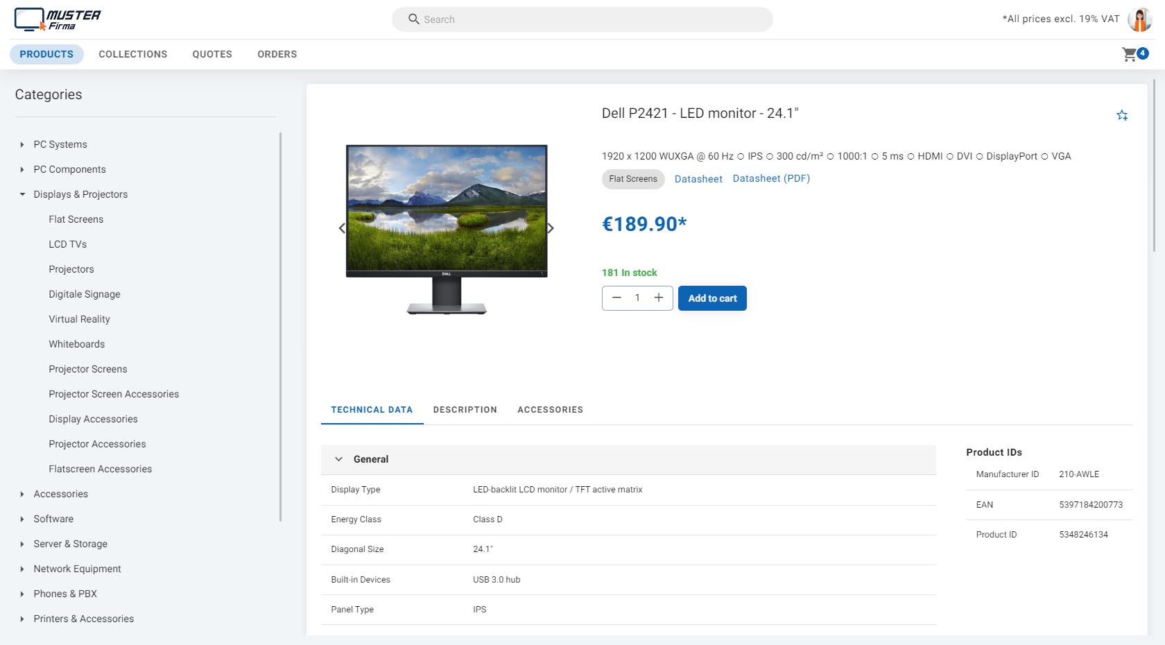 Screenshot from a B2B webshop created with ITscope B2B Suite. Shown is an LED monitor and its technical data.