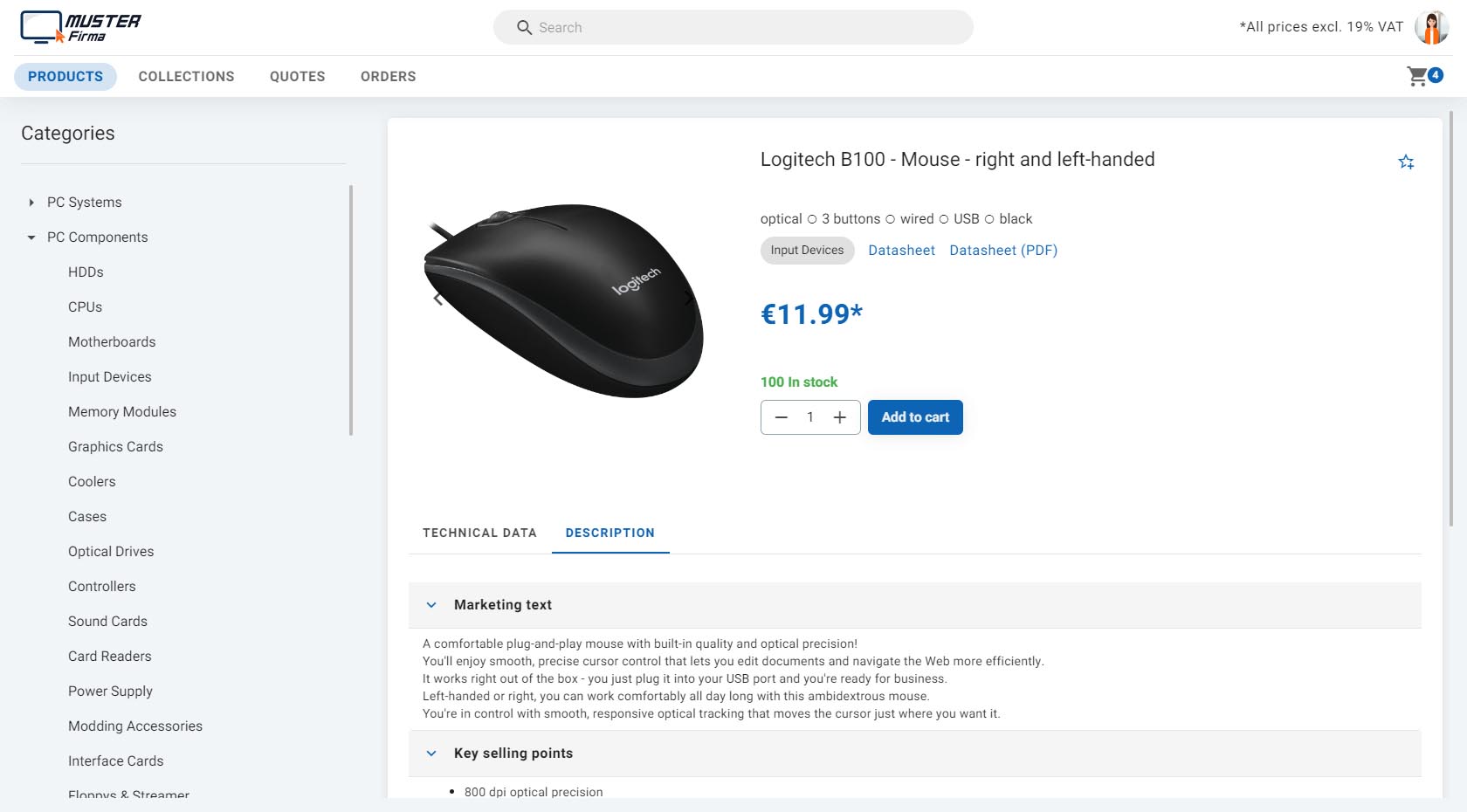 Screenshot from a customized B2B online store created with ITscope B2B Suite, pictured is a Logitech mouse.