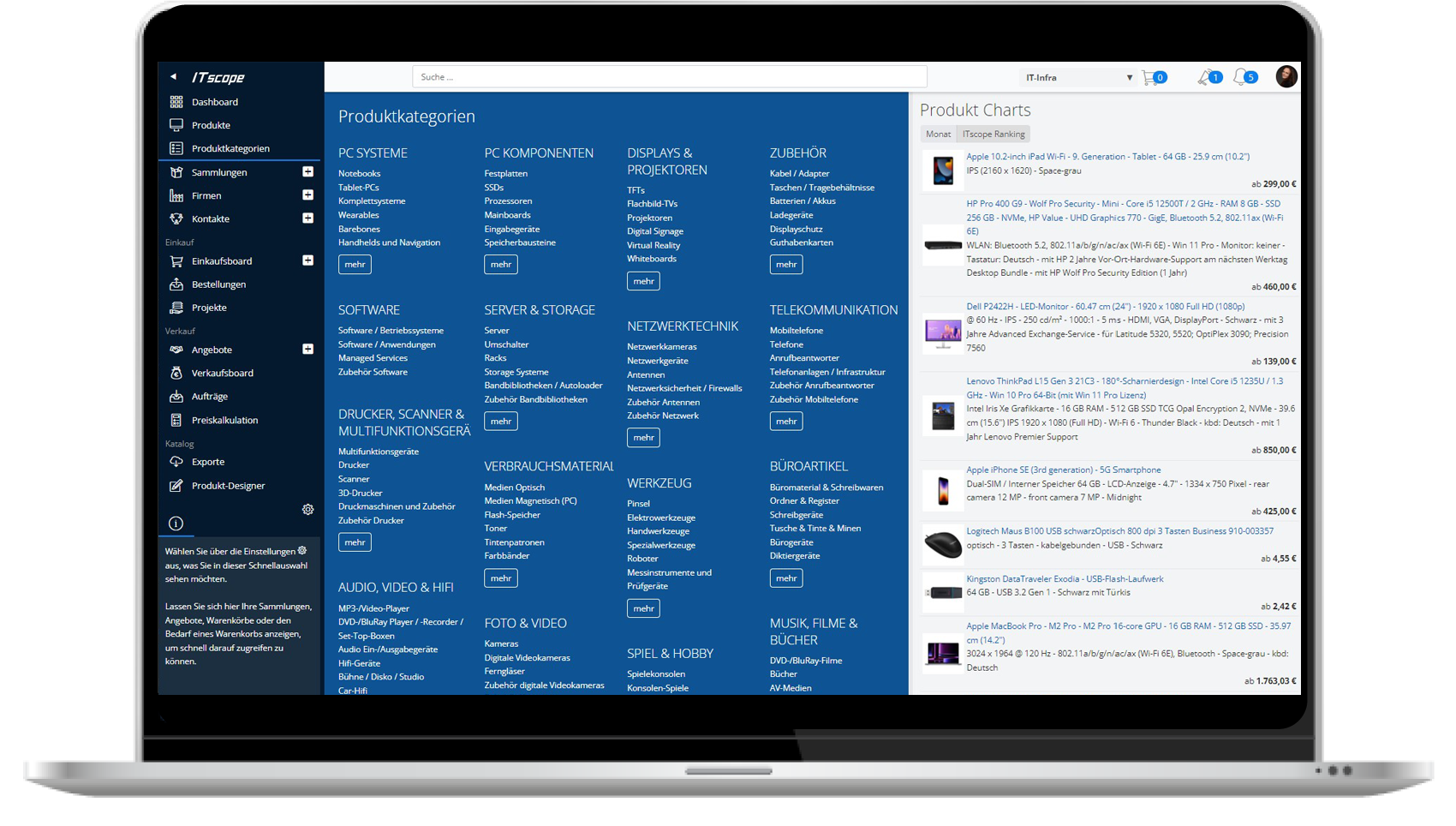 Screenshot aus ITscope mit Produktkategorien und Top Produkten