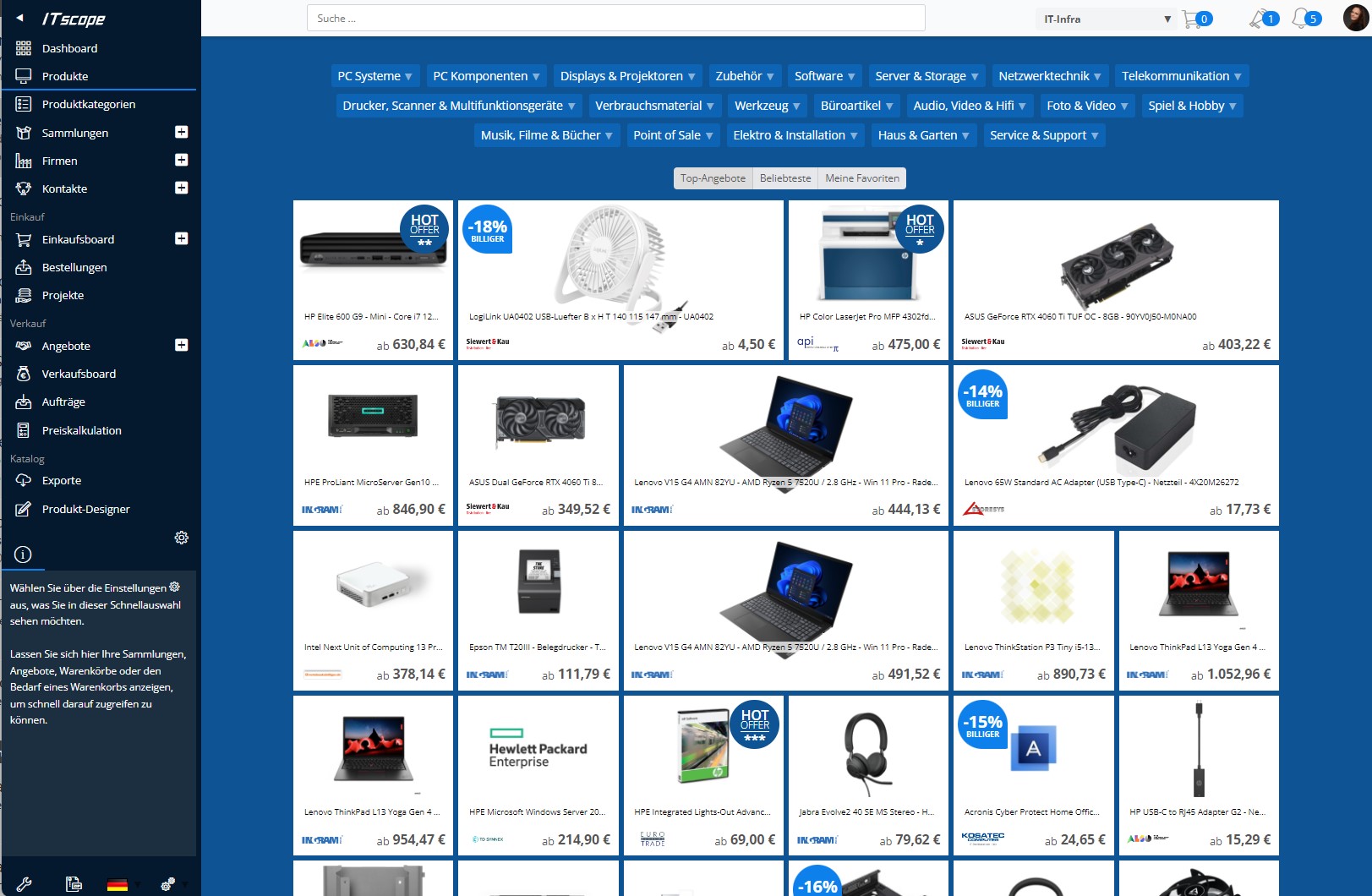 produktportal_itscope_screenshot_DE Screenshot aus dem Produktportal der ITscope Plattform mit Angeboten
