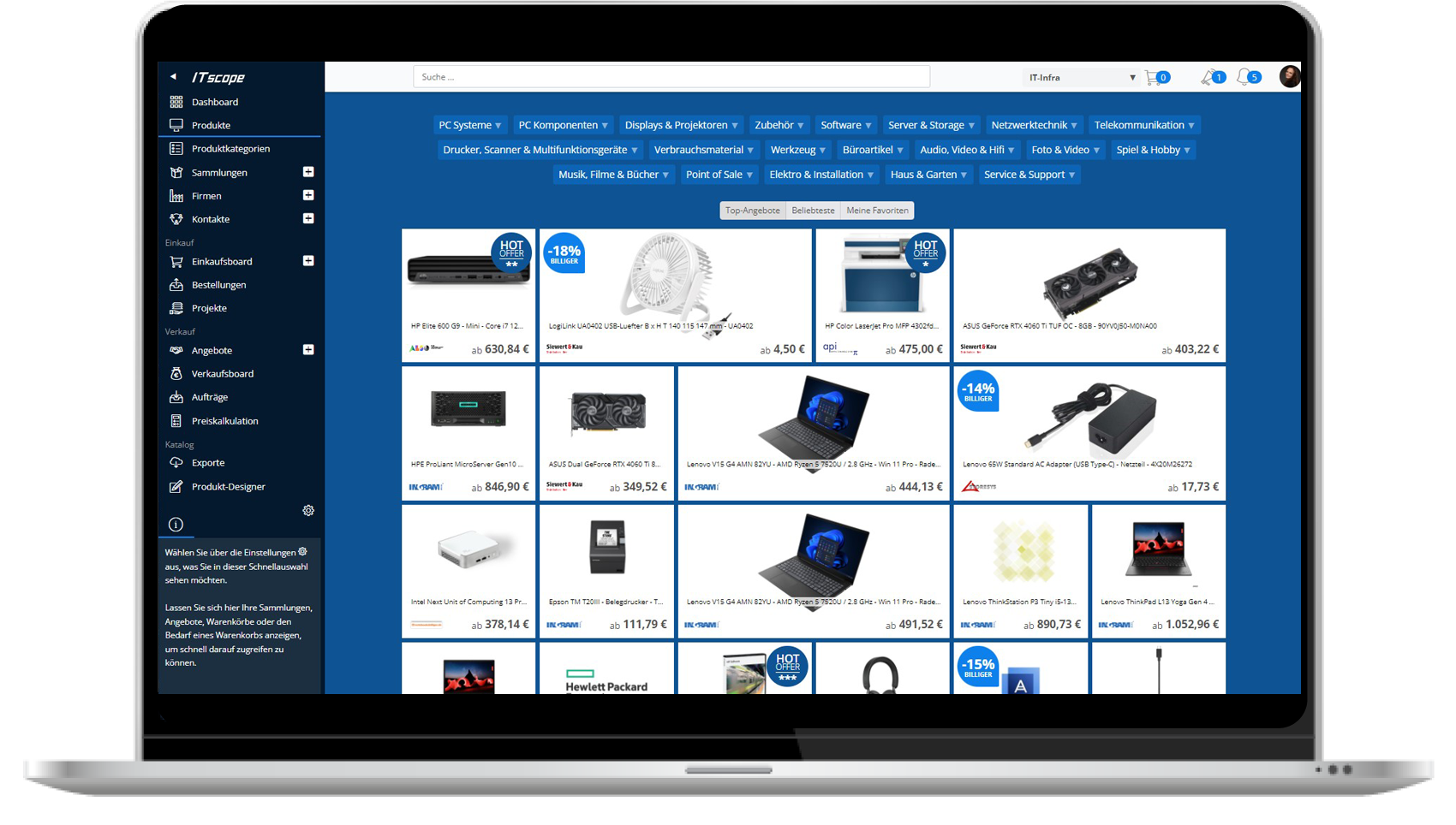 Screenshot aus dem Produktportal der ITscope Plattform mit Angeboten