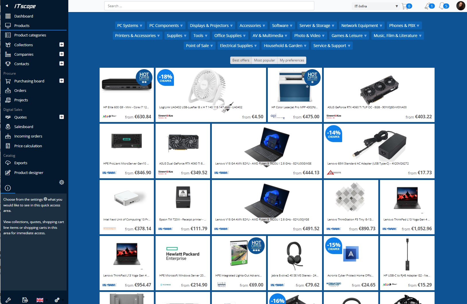 Screenshot from the product portal of the ITscope platform with offers
