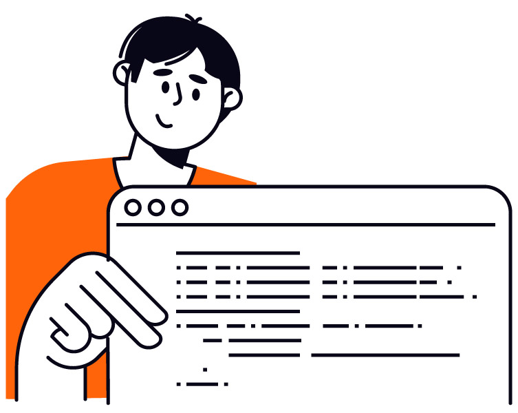 Stilisierte Grafik eines Mitarbeiters, der auf eine Webseite zeigt: API-Anbindung von ITscope
