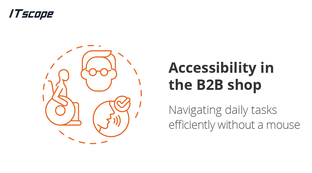 Graphic shows three orange accessibility icons – a person in a wheelchair, a person with glasses, and a person speaking into a microphone – inside a dashed circle. The visual is accompanied by the text "Accessible in the B2B shop – Efficient everyday use without a mouse" and the ITscope logo in the top left corner.