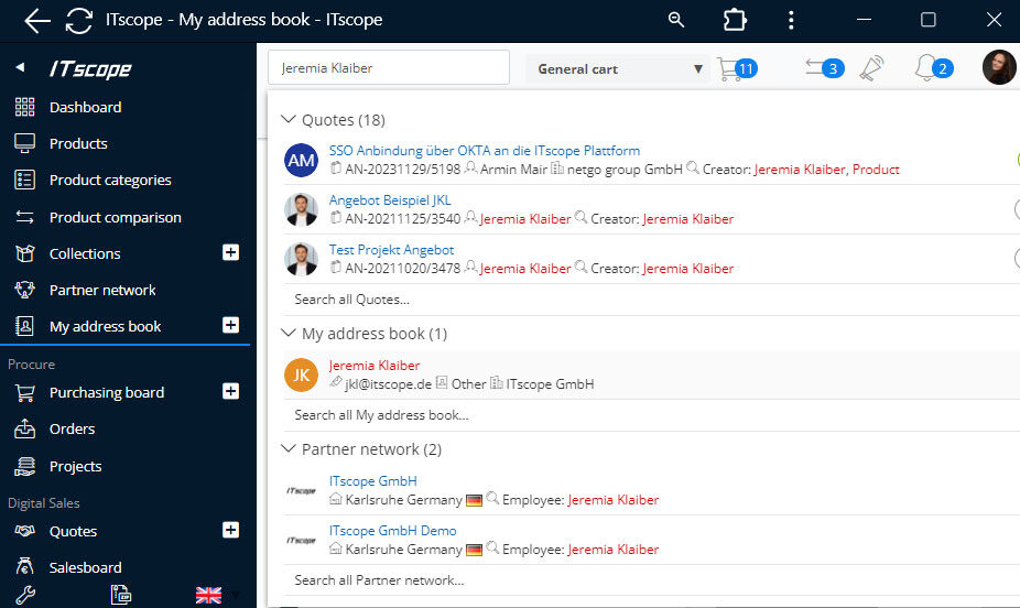search The search function on ITscope now also includes contacts from your address book.