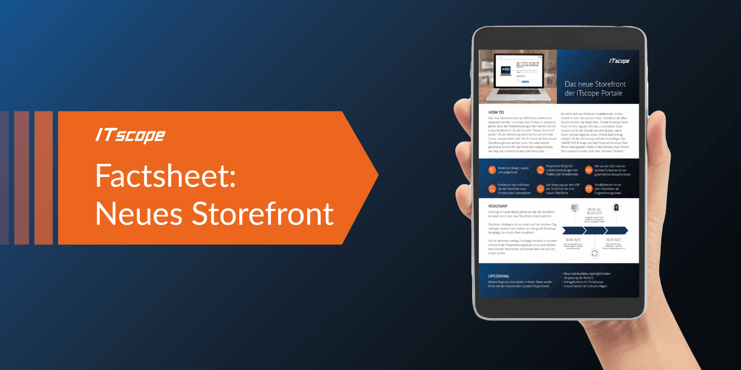 Grafik mit Tablet und Factsheet zum neuen ITscope Storefront.