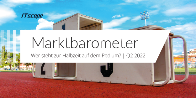 Grafik mit einer Laufbahn und Podestblöcken sowie dem Titel "ITscope Marktbarometer – Wer steht zur Halbzeit auf dem Podium? | Q2 2022".
