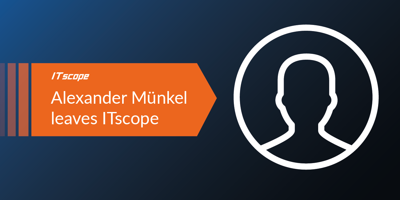 Graphic with a dark blue background and an orange arrow pointing to the right. Inside the arrow, white text reads "Alexander Münkel leaves ITscope", with smaller text above saying "ITscope". To the right of the arrow is a white outline of a head and shoulders.