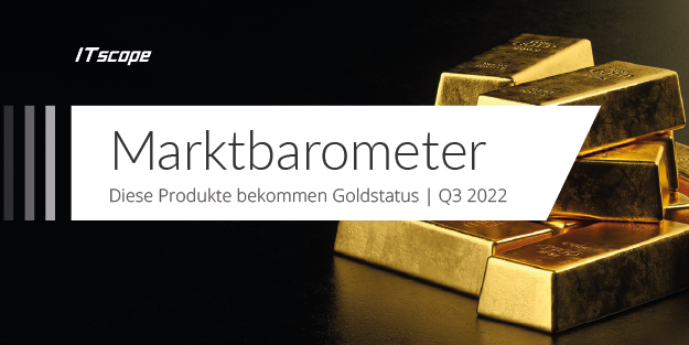 Grafik mit dem Titel "ITscope Marktbarometer". Links befindet sich ein weißes Textfeld mit der Aufschrift "Diese Produkte bekommen Goldstatus | Q3 2022", rechts daneben ist ein Stapel goldener Barren zu sehen.