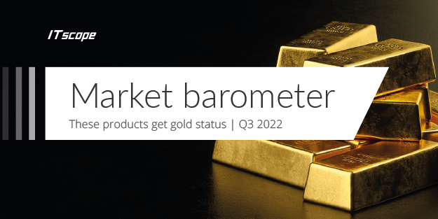 Graphic titled "ITscope Market Barometer". On the left side, there's a white text box with the caption "These products receive Gold status | Q3 2022", and on the right side, there's a stack of gold bars.