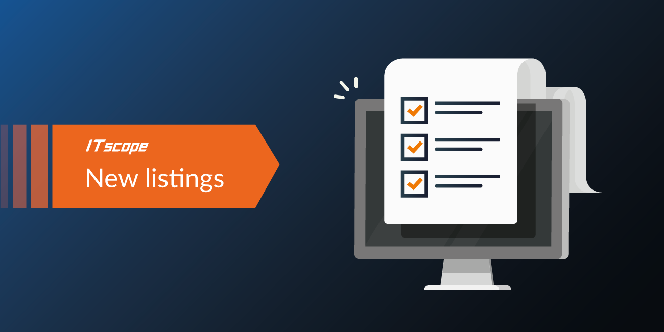Computer screen displaying a document with three checked checkboxes and lines of text. On the left side, there is an orange arrow-shaped banner with the text "ITscope" and "New Listings"