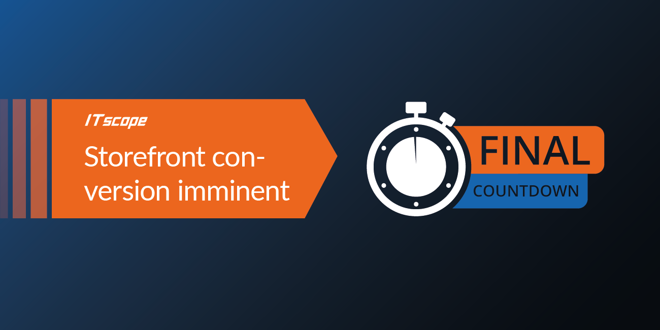 Graphic with an orange arrow on the left with the text "Store-front transition coming soon". To the right, there is a stopwatch and the text "FINAL COUNTDOWN" in orange and blue.