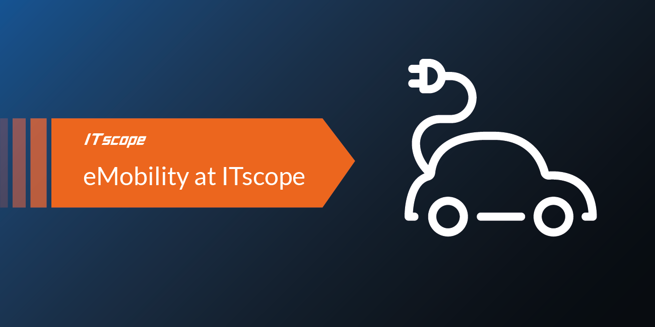 Graphic with a dark blue background: An orange arrow pointing right contains the text "ITscope – eMobility at ITscope" in white. To the right of the arrow is a white outline of a car with a charging cable ending in a plug.