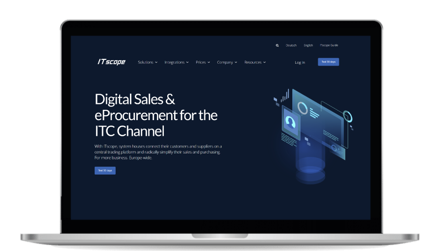 Laptop displays ITscope website with the title "Digital Sales & eProcurement for the ICT Channel"