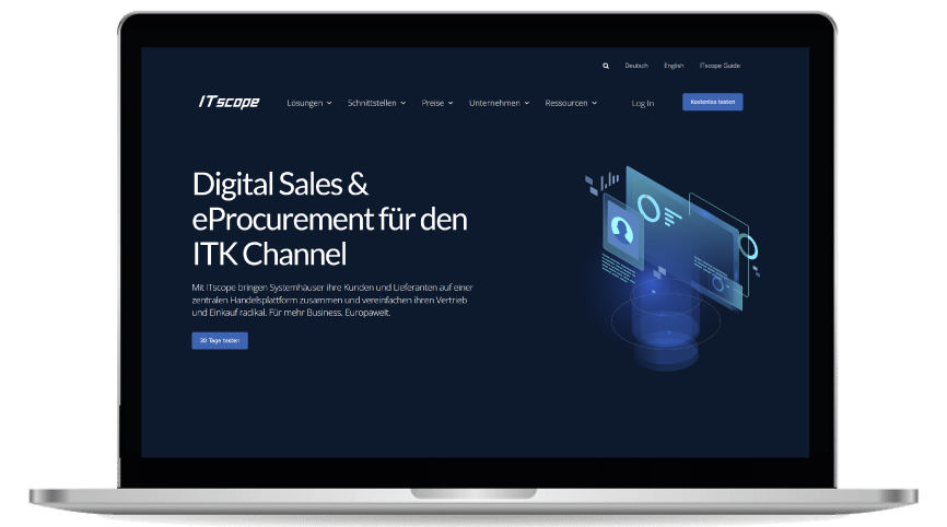 Laptop zeigt ITscope-Webseite mit Titel "Digital Sales & eProcurement für den ITK Channel"