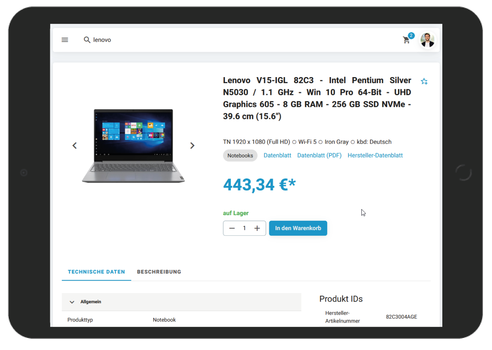 Product graphic of the Lenovo V15-IGL 82C3 laptop with technical specifications.