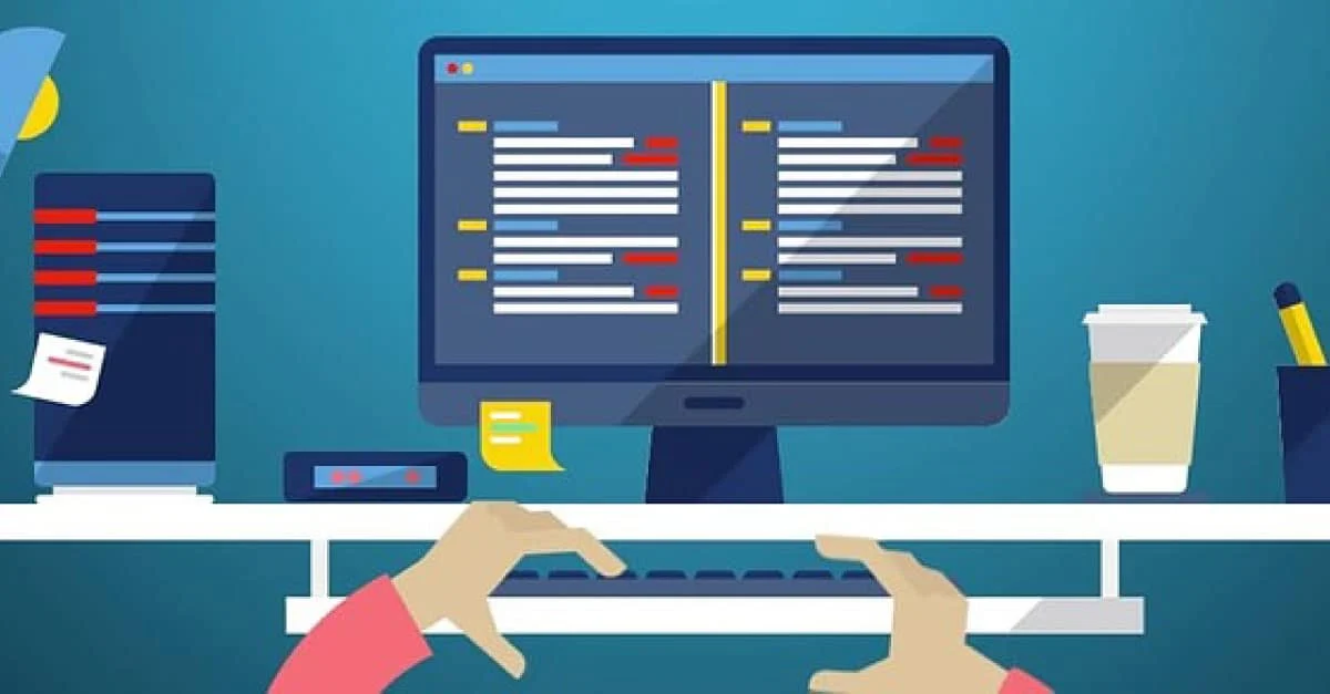 Illustration eines Arbeitsplatzes mit Monitor, auf dem Code angezeigt wird, Hände auf der Tastatur, daneben ein Kaffeebecher, ein Smartphone und ein Server im Hintergrund.