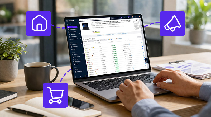 Notebook mit geöffneter neuer ITscope Produktseite und neue Icons