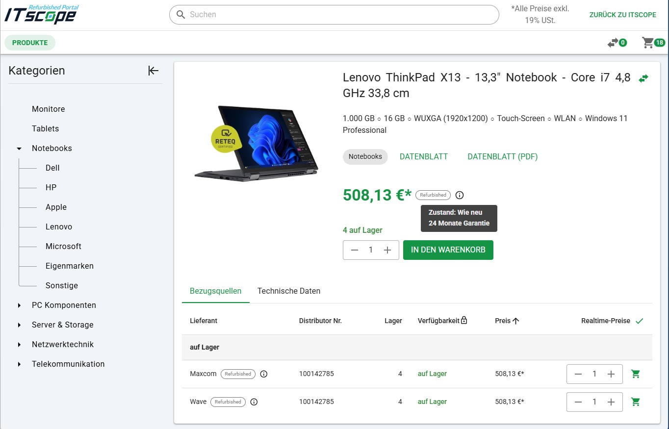 Screenshot mit Zustandsbeschreibung im ITscope Refurbished Portal