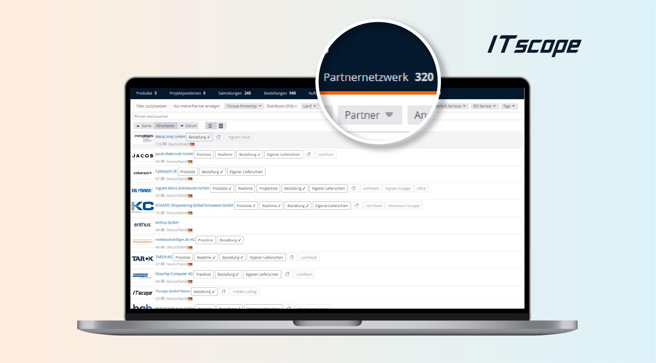 Screenshot ITscope: Distributoren als Partner finden für Systemhäuser