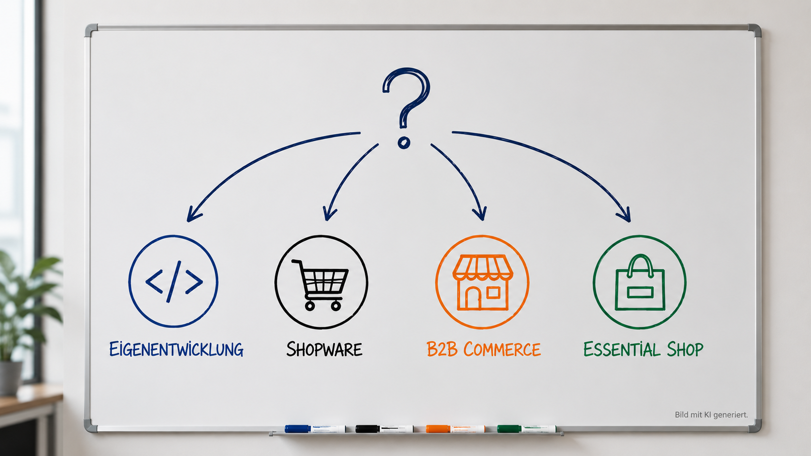 Whiteboard mit Eigenenwicklung, Shopware, B2B Commerce, Essential Shop im Vergleich; KI-generiertes Bild