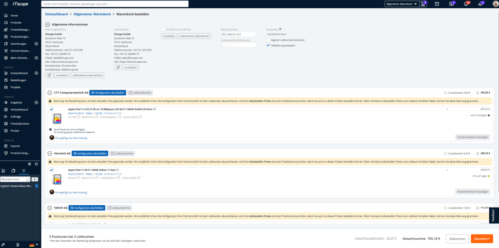 Screenshot Multilieferanten-Checkout in ITscope: Jetzt bei mehrere Distributoren gleichzeitig bestelle