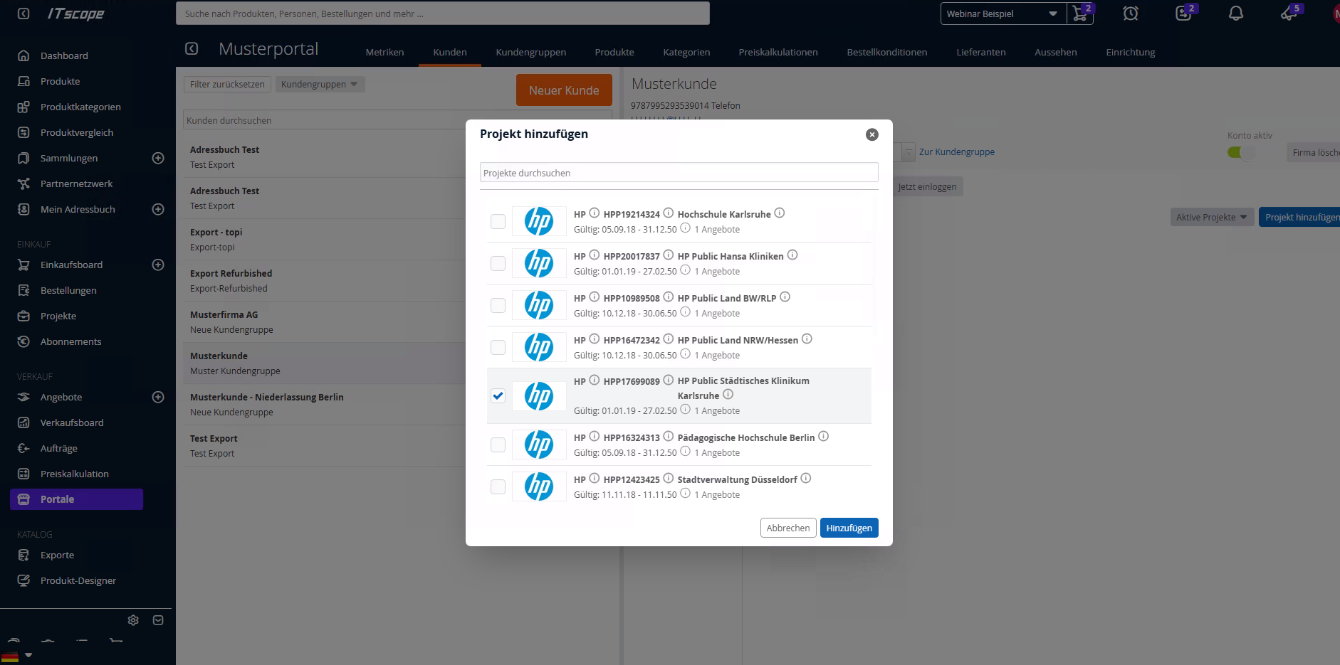 Screenshot ITscope-Plattform: Projektübersicht bei Portalen (B2B Shops)
