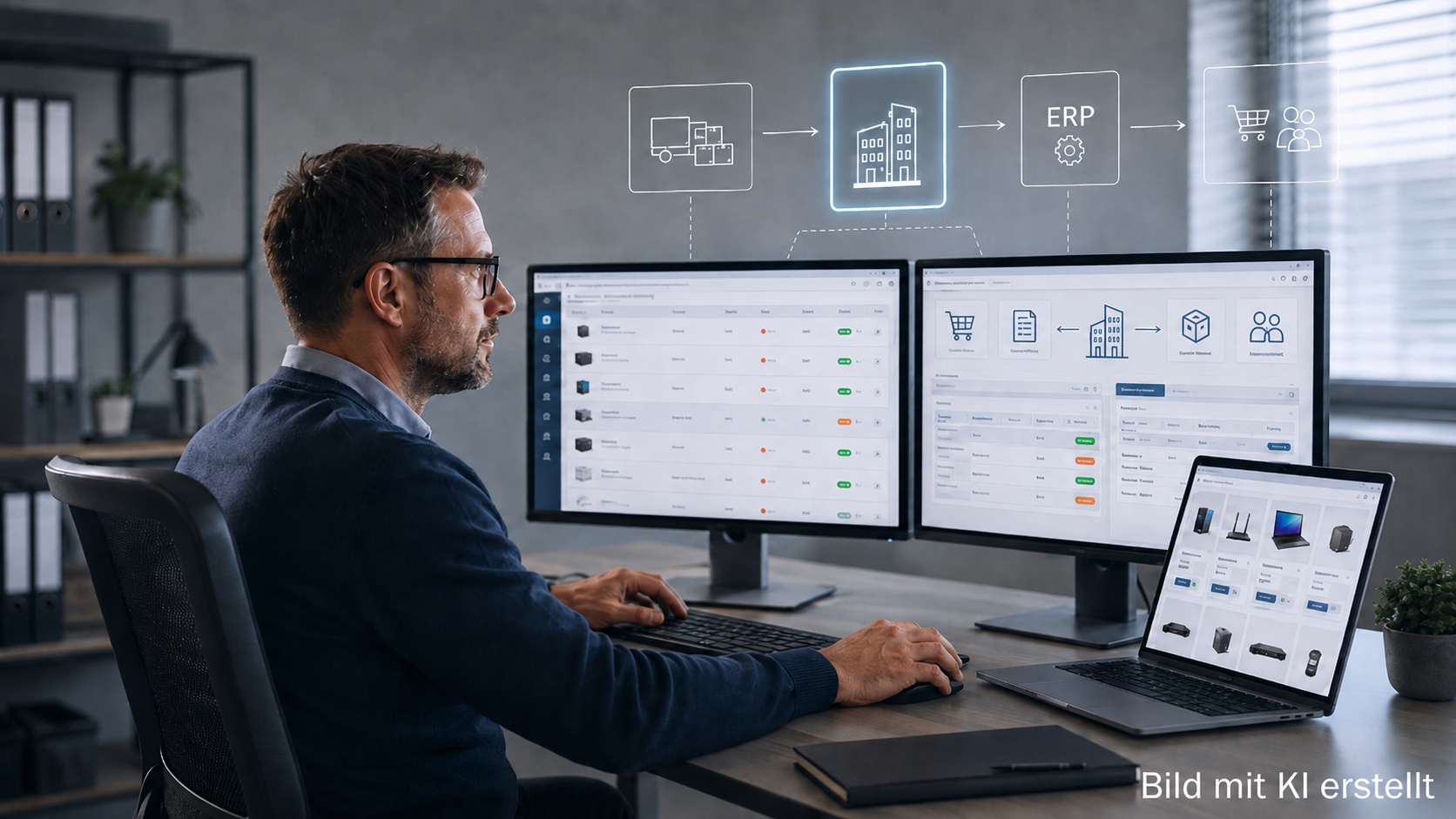 Mitarbeiter eines IT-Systemhauses arbeitet mit B2B-Handelsplattform, ERP-Anbindung und digitalem Kundenshop